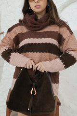 REF 719 BLUSA TRICÔ COLMEIA CARAMELO, CHUMBO E CACAU